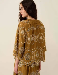 East Leni Floral Broderie Cotton Poplin Top Green