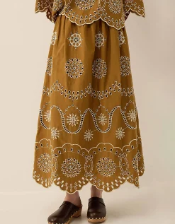 East Leni Floral Broderie Cotton Poplin Skirt Green