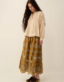East Leni Floral Broderie Cotton Poplin Skirt Green