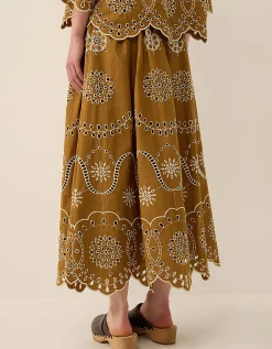 East Leni Floral Broderie Cotton Poplin Skirt Green