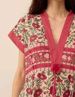 East Lessi Hand-Woodblock Border Print Dress Red