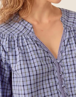 East Lilia Check Cotton Blouse Blue