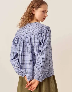 East Lilia Check Cotton Blouse Blue