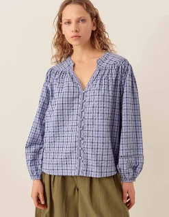 East Lilia Check Cotton Blouse Blue