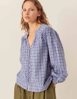 East Lilia Check Cotton Blouse Blue