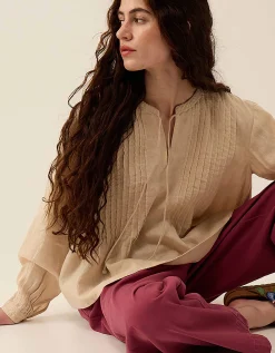 East Liza Pintuck Linen Top Camel