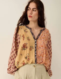 East Loran Patch Print Crinkle Cotton Top Multi