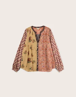 East Loran Patch Print Crinkle Cotton Top Multi