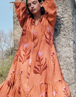East Maisie Botanical Print Cotton Seersucker Dress Orange