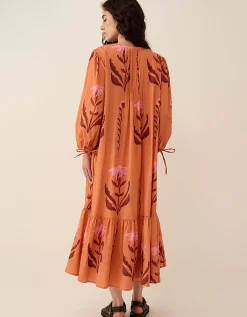 East Maisie Botanical Print Cotton Seersucker Dress Orange