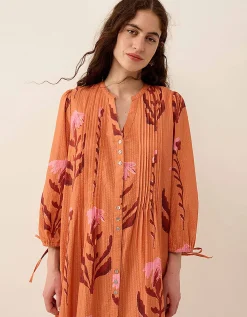 East Maisie Botanical Print Cotton Seersucker Dress Orange