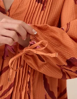 East Maisie Botanical Print Cotton Seersucker Dress Orange