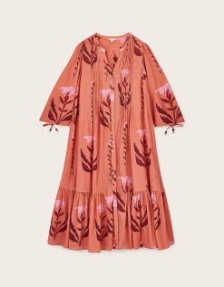 East Maisie Botanical Print Cotton Seersucker Dress Orange