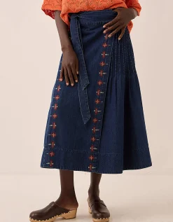 East Marion Denim Wrap Embroidered Skirt Blue