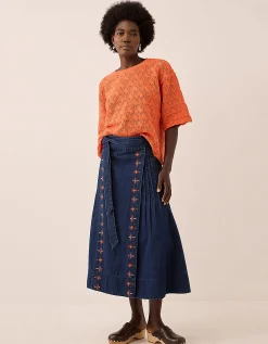 East Marion Denim Wrap Embroidered Skirt Blue