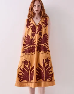 East Mella Appliqué Cotton Midi Dress Orange