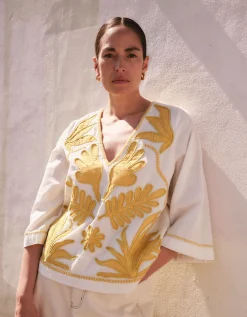 East Mella Hand-Appliqué Cotton Top White