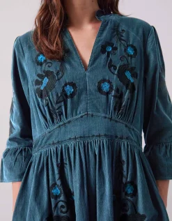East Odelia Embroidered Corduroy Maxi Dress Blue