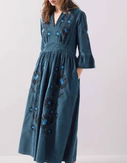 East Odelia Embroidered Corduroy Maxi Dress Blue