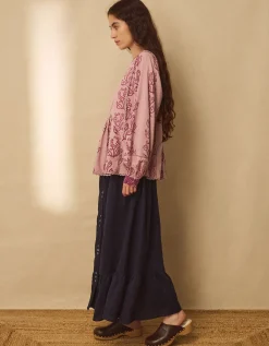 East Reiko Hand-Woodblock Botanical Print Top Purple