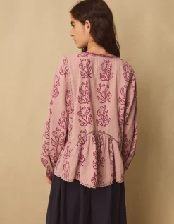 East Reiko Hand-Woodblock Botanical Print Top Purple