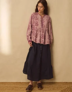 East Reiko Hand-Woodblock Botanical Print Top Purple