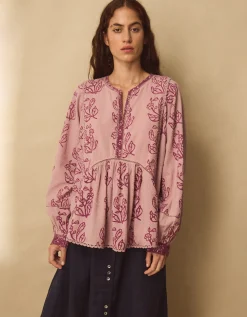East Reiko Hand-Woodblock Botanical Print Top Purple