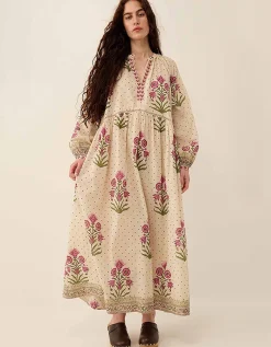 East Roza Hand-Woodblock Floral Cotton Dress Multi