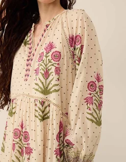 East Roza Hand-Woodblock Floral Cotton Dress Multi
