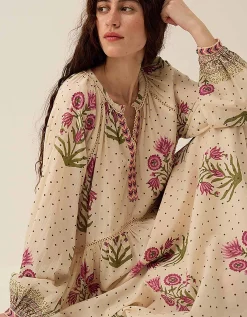 East Roza Hand-Woodblock Floral Cotton Dress Multi
