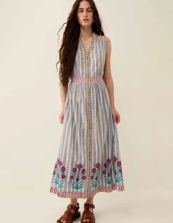 East Rylea Placement Print Cotton Midi Dress Blue