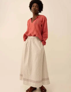 East Zoe Yarn-dyed Textured Cotton Pinstripe Skirt Ivory