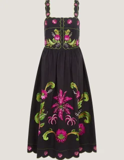Eleni Floral Embroidered Midi Dress Black