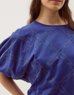 Ellie Puff Sleeve Embroidered Jersey Top Blue