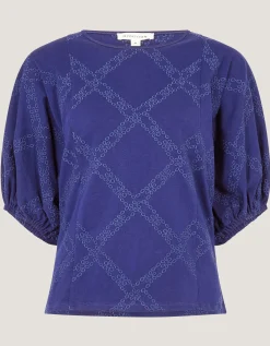Ellie Puff Sleeve Embroidered Jersey Top Blue