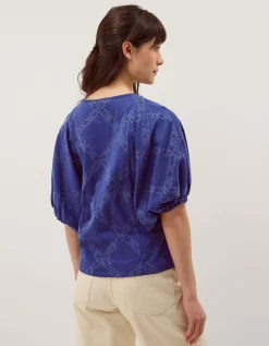 Ellie Puff Sleeve Embroidered Jersey Top Blue