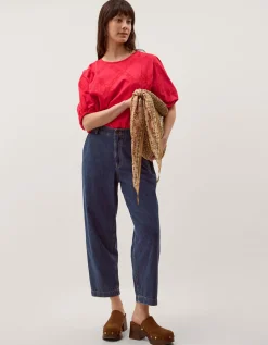 Ellie Puff Sleeve Embroidered Jersey Top Red