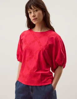 Ellie Puff Sleeve Embroidered Jersey Top Red