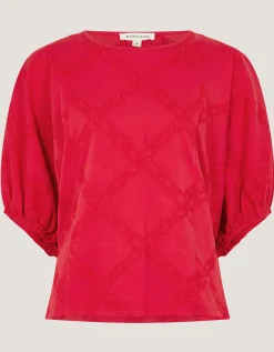 Ellie Puff Sleeve Embroidered Jersey Top Red