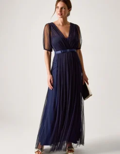 Ellie Sheer Sleeve Plunge Tulle Maxi Dress Blue