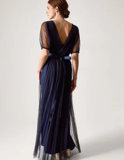 Ellie Sheer Sleeve Plunge Tulle Maxi Dress Blue