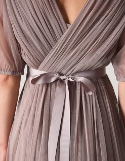 Ellie Sheer Sleeve Plunge Tulle Maxi Dress Mink