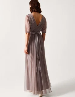 Ellie Sheer Sleeve Plunge Tulle Maxi Dress Mink