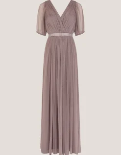 Ellie Sheer Sleeve Plunge Tulle Maxi Dress Mink
