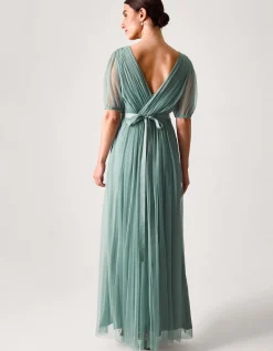 Ellie Sheer Sleeve Plunge Tulle Maxi Dress Green