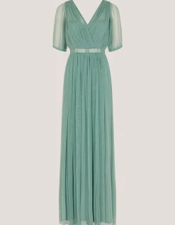 Ellie Sheer Sleeve Plunge Tulle Maxi Dress Green