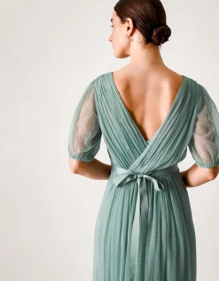 Ellie Sheer Sleeve Plunge Tulle Maxi Dress Green