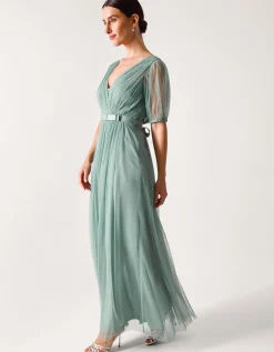 Ellie Sheer Sleeve Plunge Tulle Maxi Dress Green
