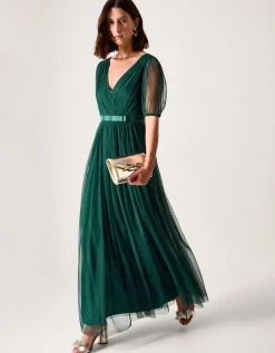 Ellie Sheer Sleeve Plunge Tulle Maxi Dress Green