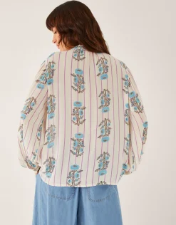 Elora Floral Stripe Tie Blouse Ivory
